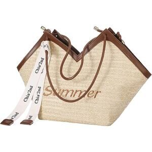 New Trifabricy Straw Summer Cruise Beach Faux Leather Trim Zippered Tote Bag